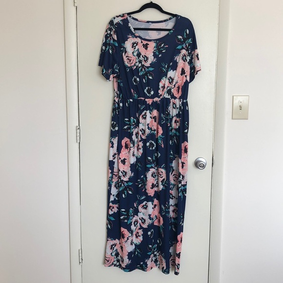 Dresses & Skirts - Navy Blue and Pink Floral Maxi Dress